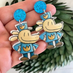 Brand new acrylic DogMan book inspired teacher librarian dangle earrings